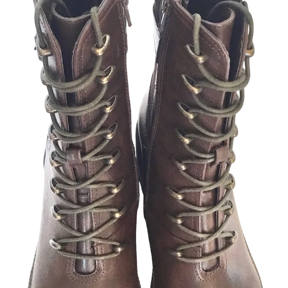 🆕TAHARI MELISSA Chunky Combat Ankle Boot Brown Vegan Leather Lace/Zip up Size-10 - Picture 5 of 16